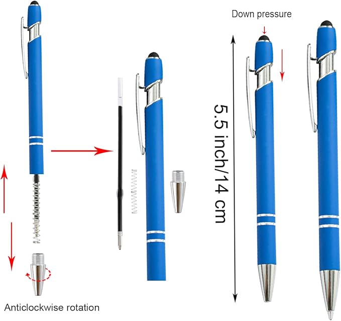 PASISIBICK 12 Pieces Blue Ballpoint Pen with Stylus Tip, 2 in 1 Stylus Stylish Pen, Blue Metal Stylus Pen for Touch Screens, Black Ink, 1.0 mm Medium Point(12 PCS Light Blue)-DeskLoop Office