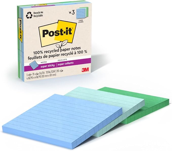 Post-it 100% Recycled Super Sticky Notes, 3 x 3 in, 24 Lined Pads | School by Unknown