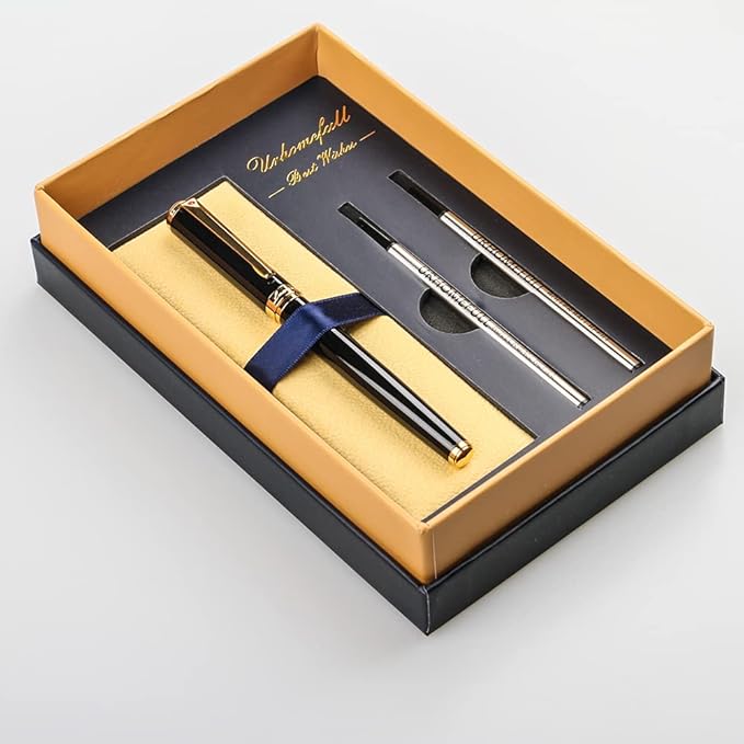 Stunning Luxury Rollerball Pen with 24K Gold Trim,Switzerland Tip with Black Ink Refills, Perfect BallPonit Pen Gift Set for Men Women, Fancy Writing Set for Business,Gloss Black