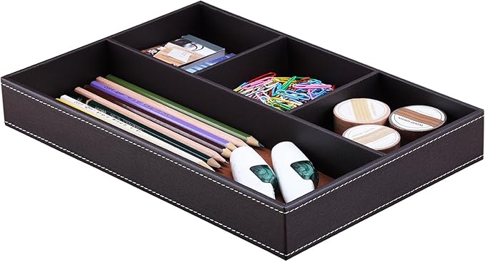 KINGFOM Pu Leather Desk Organizer Tray, 4 Compartment Office Storage Supplies Stationery Drawer Tray, Nightstand Bedside Tray for Key, Wallet, Watch, Coin, Phone Valet Tray Stackable-DeskLoop Office