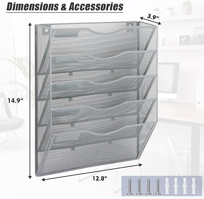 EASEPRES 5 Pocket Mesh Hanging Wall File Organizer, Wall Mounted Mail Paper Document Folder Holder, Clipboard Storage Organization Magazine Rack with Nametag Label for Office Home School, Gray-DeskLoop Office