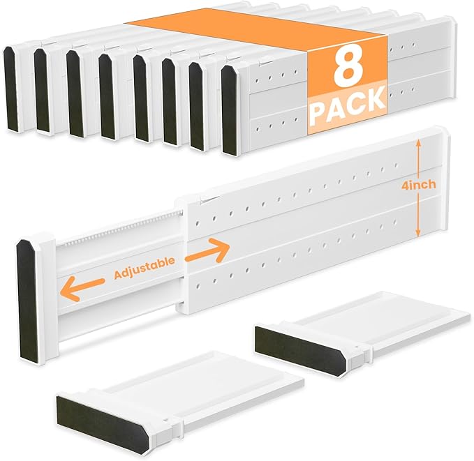 REBECAT 8 Pack Drawer Dividers for Clothes Adjustable Drawer Dividers 4" High Expandable from 15"-21" for Dresser Baby Clothes Bathroom,Bedroom Kitchen and Office Storage，White-DeskLoop Office