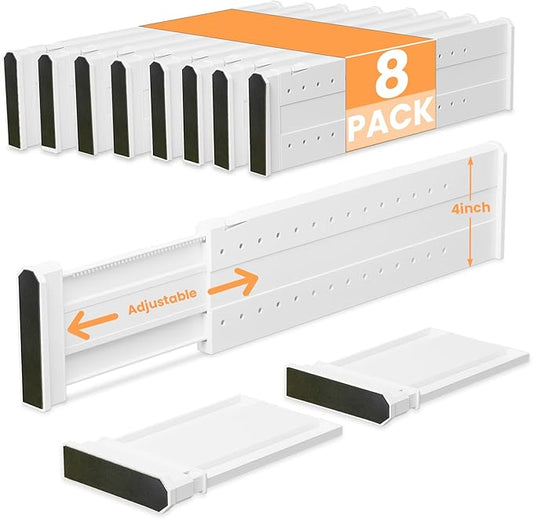 REBECAT 8 Pack Drawer Dividers for Clothes Adjustable Drawer Dividers 4" High Expandable from 15"-21" for Dresser Baby Clothes Bathroom,Bedroom Kitchen and Office Storage，White-DeskLoop Office