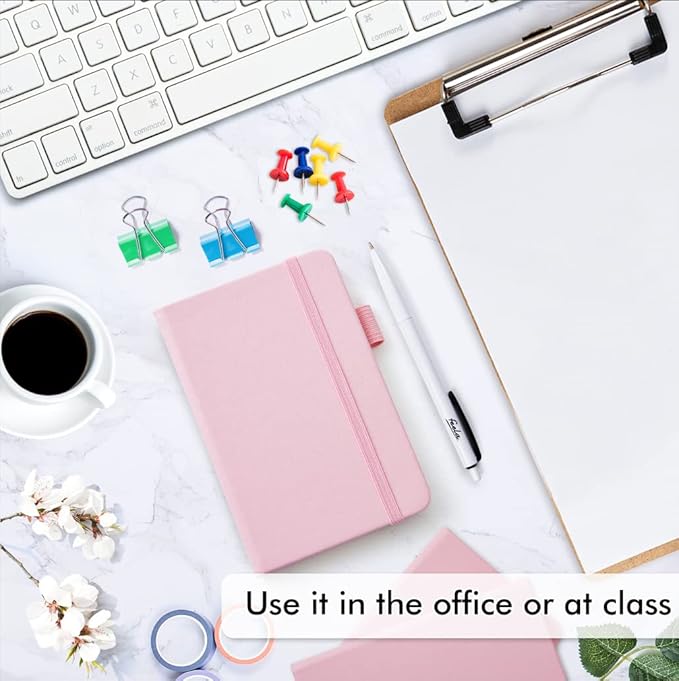 feela 6 Pack Pocket Small Notebooks Bulk, Mini Cute Memo Notepads Hardcover College Ruled Lined Journals with Pen Holder for Women Girls Office School, with 6 Black Pens, 3.5”x 5.5”, A6, Rose Pink-DeskLoop Office