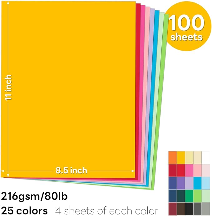 Colored Cardstock 8.5 x 11 Assorted, 100 Sheets Goefun 25 Colors Colored Copy Paper, 80lb Construction Paper Color Paper for Crafts & Scrapbooking-DeskLoop Office