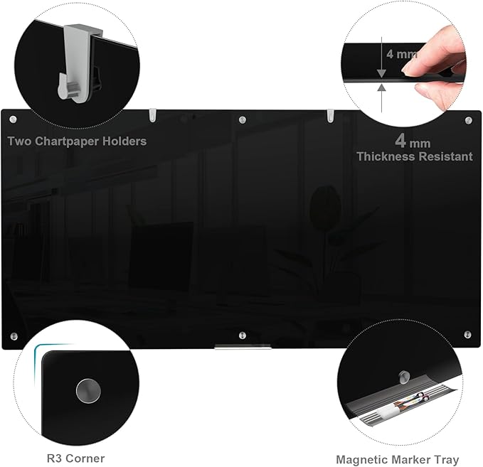 Large Black Glass Dry Erase Board, 96 x 48 Inches Magnetic Glass whiteboard,8' x 4' Frameless Blackboard for Office, Home, School-DeskLoop Office
