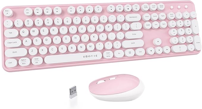 UBOTIE Colorful Computer Wireless Keyboard Mouse Combos, Typewriter Flexible Keys Office Full-Sized Keyboard, 2.4GHz Dropout-Free Connection and Optical Mouse (Pink-White)-DeskLoop Office