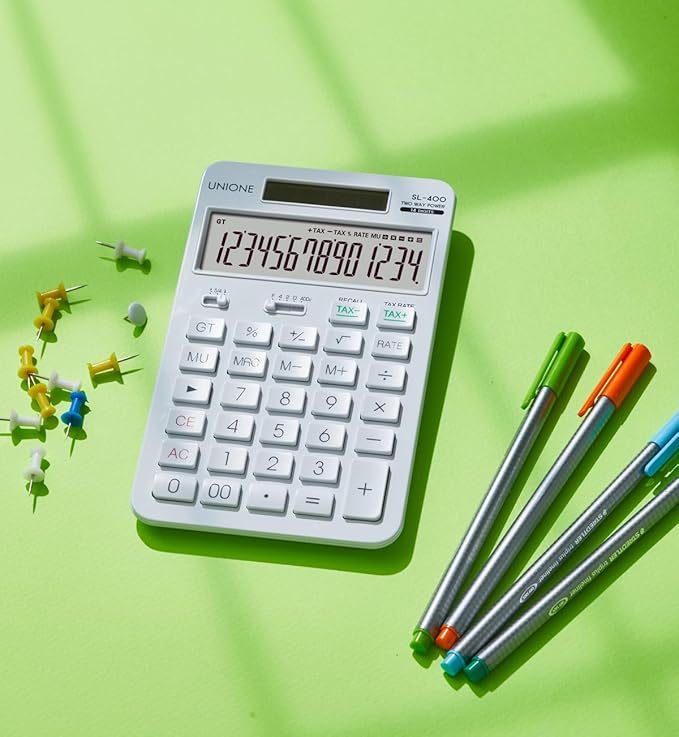 14 Digits Desktop White Calculator with a Bright LCD, Dual Power Handheld Desktop. Color. Business, Office, High School-DeskLoop Office