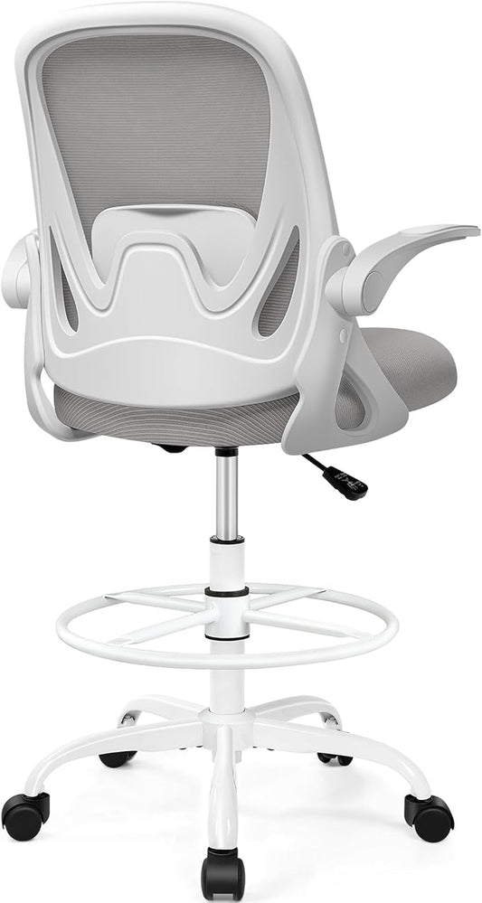 Drafting Chair Tall Office Chair with Flip-up Armrests, Adjustable Height, and Enhanced Lumbar Support - Ergonomic Rolling Stool, Back Support, and Adjustable Foot Rest Ring for Standing Desk Gray-DeskLoop Office