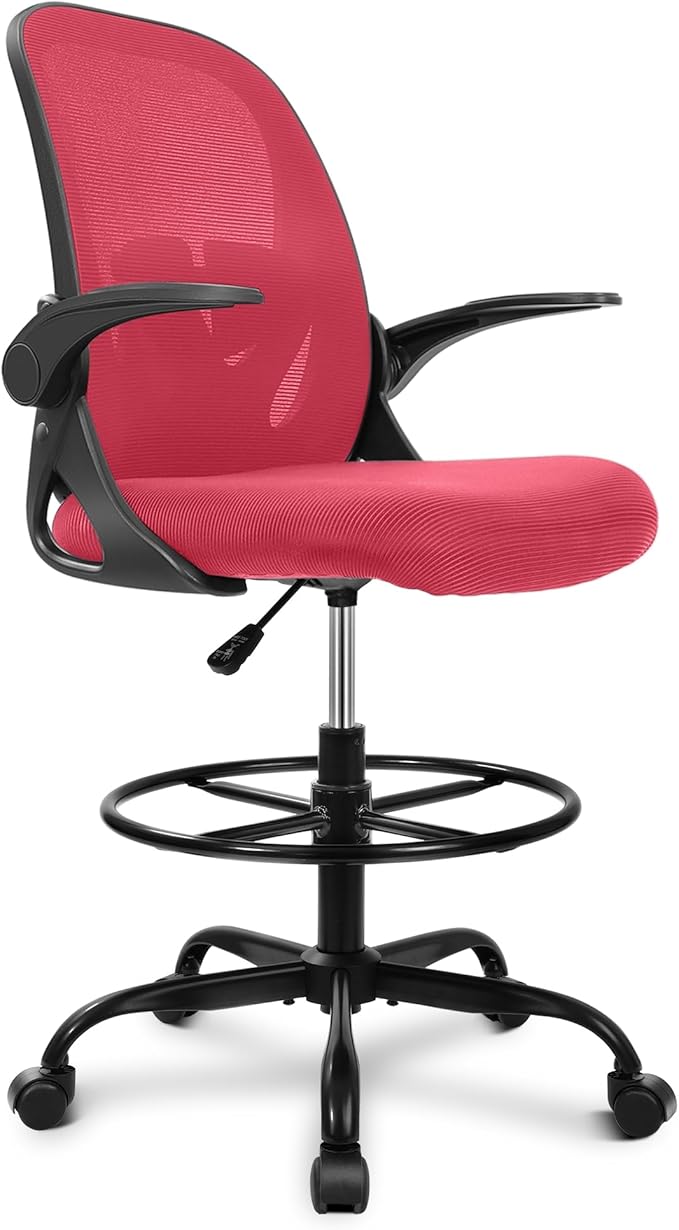 Primy Drafting Chair Tall Office Chair with Flip-up Armrests Executive Ergonomic Computer Standing Desk Chair with Lumbar Support and Adjustable Footrest Ring (Fire Brick)-DeskLoop Office