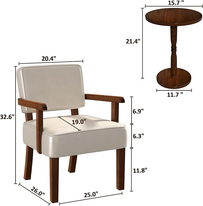 Accent Chair Set of 2 with Table, PU Leather Chair for Living Room Oversized Armchair with Soft Seat and Armrests for Bedroom Dinning Reading Waiting Room (Leather Beige)-DeskLoop Office