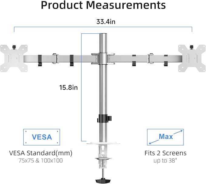 Suptek Dual Monitor Desk Mount, Adjustable Dual Monitor Arm for 2 Monitor Screens up to 38 inch, Extra Tall 15.75" Pole Monitor Stand for Desk, Holds up to 22 lbs,Silver(MD9442MS)-DeskLoop Office