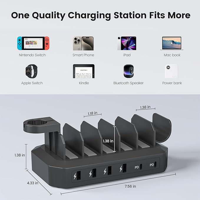 190W Fast Charging Station for Multiple Devices【Efficient & Safe Charging】 6 Port USB Charger Station - Family Multi-Device Organizer Charging Dock Compatible with iPhone/Android/MacBook/iPad/Tablet-DeskLoop Office