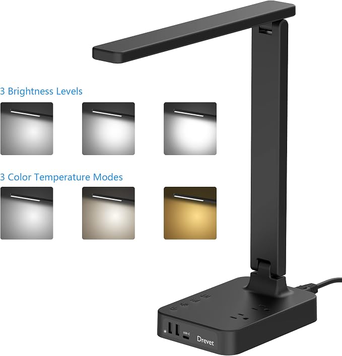 Drevet LED Desk lamp with USB C Charging Port, Table Light with 3 USB Charger - Image 2