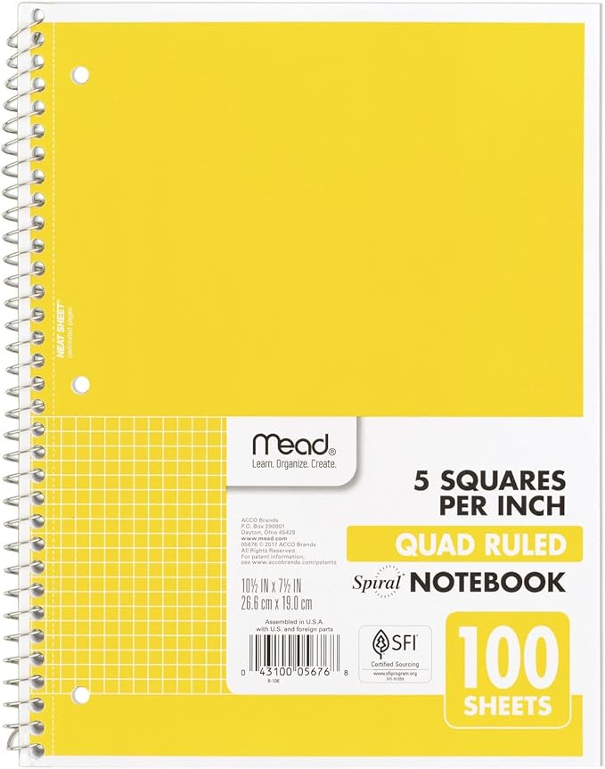 Mead Spiral Notebook, 1 Subject, Graph Ruled Paper, 7-1/2" x 10-1/2", 100 Sheets by Mead