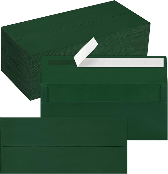 200 Pack #10 Business Envelopes, Self Seal Standard Christmas Dark Green by QIKSION