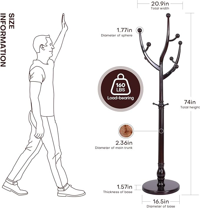 Coat Rack Tree Freestanding with Hooks, Heavy Duty Standing Wood Coat Rack with Solid Round Base, 74” Tree Shaped Coat Hanger Stand for Clothes, Hat, Jacket, Entryway Bedroom, Red Brown-DeskLoop Office
