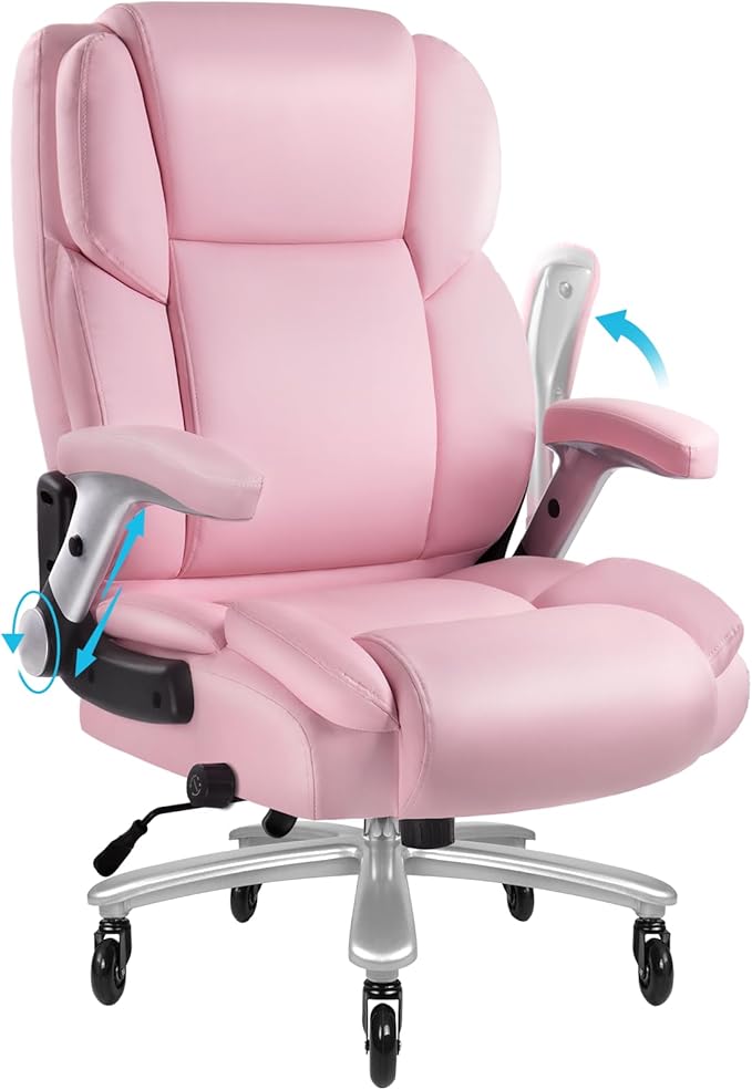 Big and Tall Office Chair 600lbs, Heavy Duty Executive Office Chair for Heavy People, Pink High Back Office Leather Ergonomic Chair with Adjustable Armrests and Lumbar Support for Computer Desk Chair-DeskLoop Office