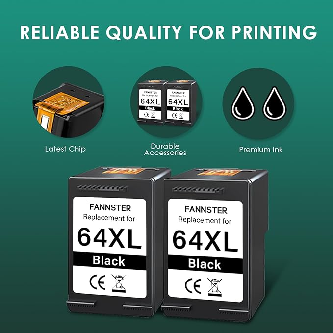 64XL Black Ink Cartridges Black Compatible for HP 64 XL High Yield Replacement for HP Printers 7858 7855 7120 7155 7158 7164 6255 6252 6232 Envy Inspire 7955e Tango X Printers-DeskLoop Office