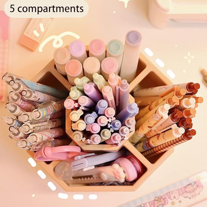 Desk Organizer, 360-Degree Rotating Multi-Functional Pen Holder, 5 Compartments Desktop Stationary Organizer, Home Office Art Supply Storage Box Caddy (White+Pink)-DeskLoop Office