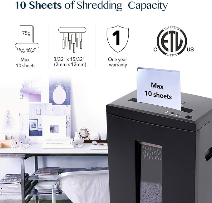 WOLVERINE 10-Sheet Super Micro Cut High Security Level P-5 Heavy Duty Paper/CD/Card Ultra Quiet Shredder for Home Office by 60 Mins Running Time and 6 Gallons Pullout Waste Bin SD9112 (Black ETL)-DeskLoop Office