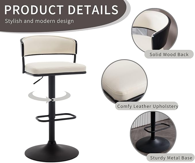 Adjustable Modern Bar Stools Set of 4 Faux Leather Barstools Swivel Counter Height Bar stools with Curved Back/Black Metal Base Comfy Upholstered Bar Chairs for Kitchen Island, Beige-DeskLoop Office