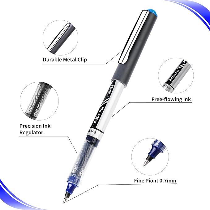 EYEYE Rollerball Pens 0.7mm, 6 Black 6 Blue Medium Point Roller Ball Pen Quick Dry, Liquid Ink Pens Fine Point Smooth Writing Pen for Journaling, Note Taking, Office, School Supplies