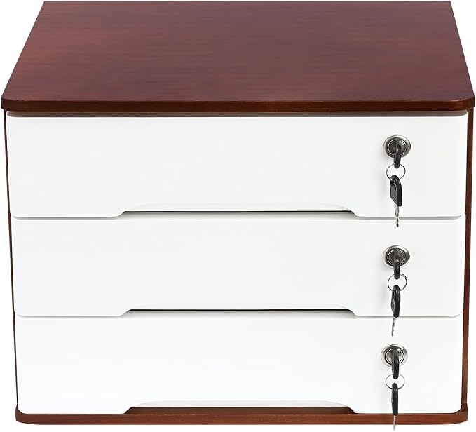 Lockable Desk Organizer Wooden Desktop Drawers Office Flat Files Storage Box - Image 5