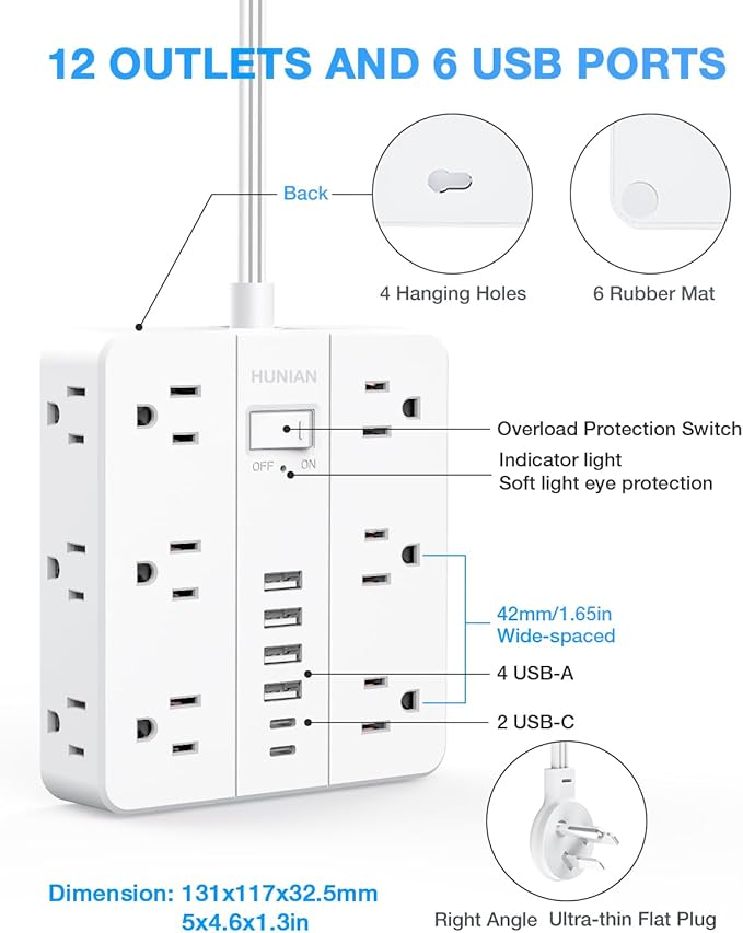 Flat Plug Surge Protector Power Strip, HUNIAN 12 Widely Spaced Outlets with 6 USB Charger (2 USB C Ports), 10 Ft Extension Cord Desk Charging Station for Home Office Supplies, Dorm Room, White-DeskLoop Office