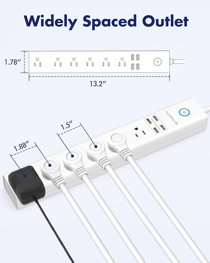 2 Pack Power Strip Surge Protector Flat Plug - 6 Widely Spaced Outlets 4 USB Charging Ports, 2100J/10A with 6Ft Long Extension Cord, Overload Surge Protection, Wall Mount for Home Office-DeskLoop Office