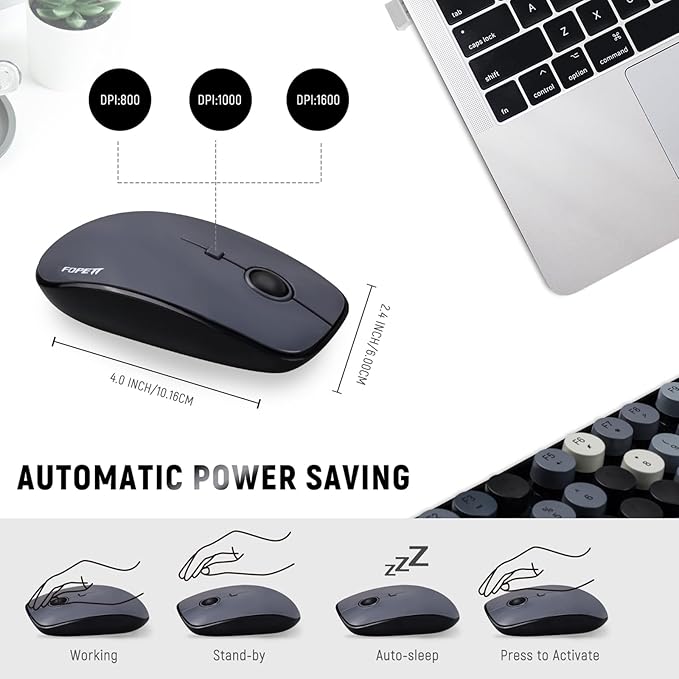 FOPETT Wireless Keyboard and Mouse Combo - 2.4G Full-Sized Cute Colorful Retro Keyboard with Round Keycaps 104 Keys Typewriter Keyboard for Laptop/Windows/PC - Grey Colorful-DeskLoop Office