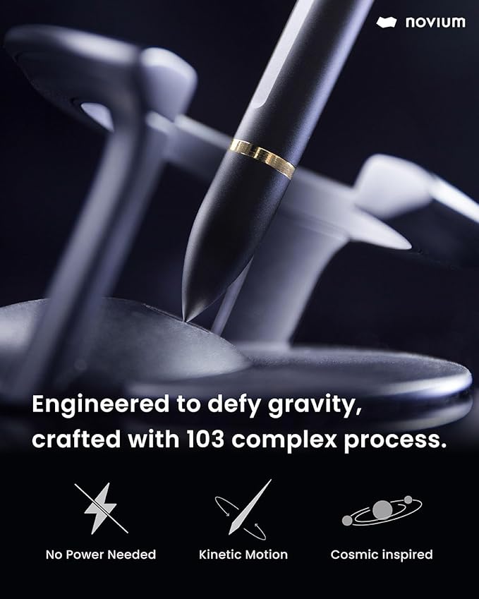 novium Hoverpen Interstellar - Space Black, Ballpoint Pen, 18K Gold-plated Pen Ring, 23.5 Degree Angle, Schmidt Ballpoint Refill, No Spills, No Spotting, No Explosions-DeskLoop Office