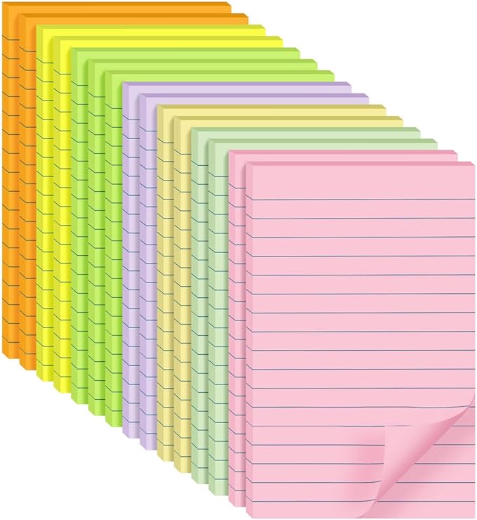 Lined Sticky Notes 4 x 6 Inches, 15 Pads, 375 Sheets, 7 Soft Pastel Colors by VIPSTAR
