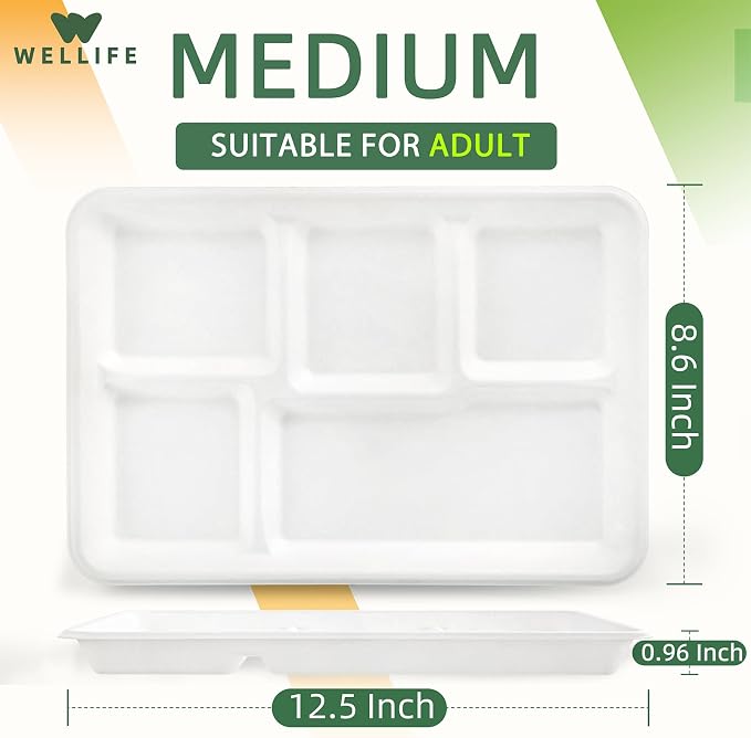 WELLIFE 100% Compostable 5 Compartment Paper Plates, 100 Pack Disposable School - Image 2