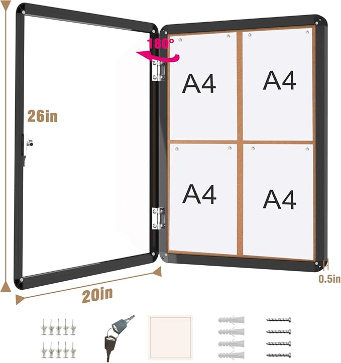 26"x20" Enclosed Bulletin Board, Lockable Weather-Resistant Aluminum Cork Noticeboard for School & Office, Black Frame w/Cork-DeskLoop Office
