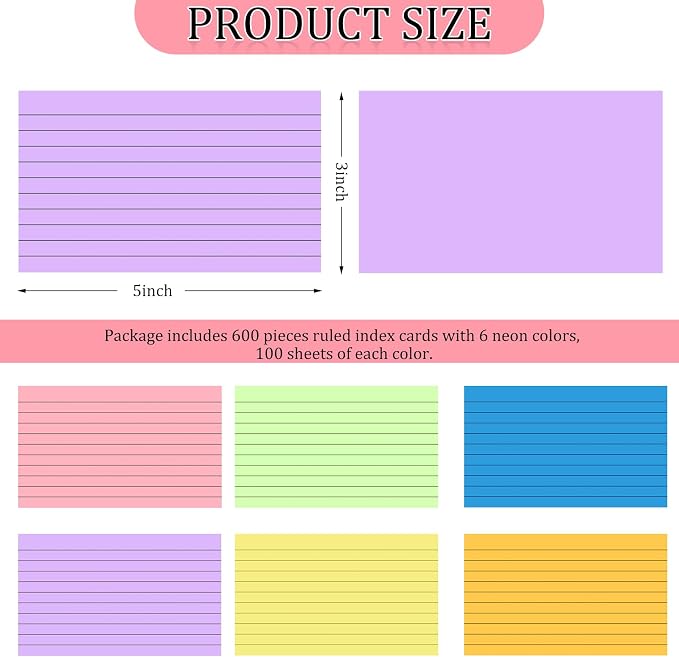 Tecmisse 600 Pieces Index Cards Rulded, Colorful Flash Cards 3 x 5 Index Card - Image 2