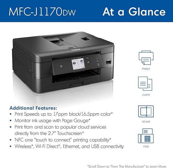 Brother MFC-J1170DW Wireless Color Inkjet All-in-One Printer, NFC One-Touch Print, Duplex, Cloud Print & Scan, Mobile App Control, 2.7" Touchscreen, Works with Alexa-DeskLoop Office