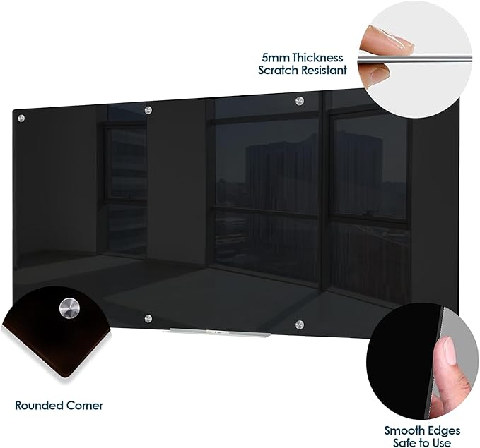 J&J worldwide Glass Whiteboard 8' x 4', Magnetic Black Glass Dry Erase Board, Black White Board Frameless, Includes Markers, Magnets, Marker Tray, Eraser for Wall, Office, Home, School-DeskLoop Office