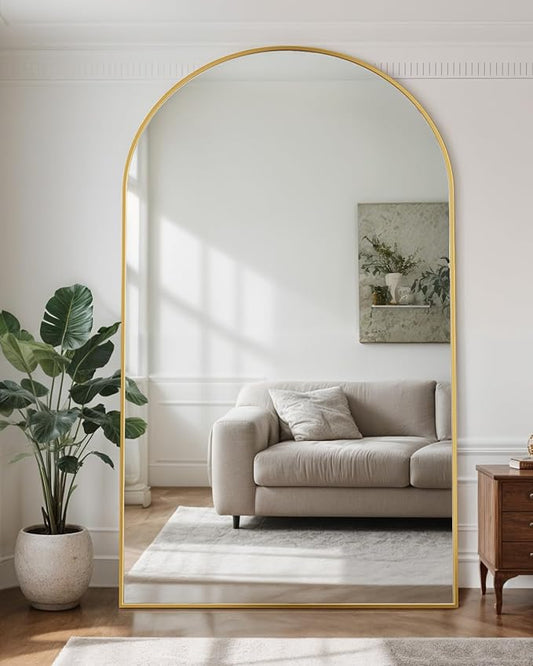 Full Length Mirror, 86"x46" Oversized Floor Mirror Freestanding, Full Body Mirror Floor Standing Mirrors with Stand, Hanging Mounted Mirrors for Bedroom Living Room, Gold, Arched Style-DeskLoop Office
