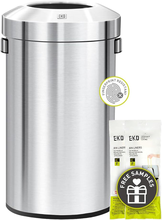 EKO 16-Gallon Round Stainless Steel Open Top Trash Can, Large Commercial Waste Bin with Detachable Lid and Carrying Handle, Brushed Metal Garbage Bin for Home, Office, Restaurant, Restroom-DeskLoop Office