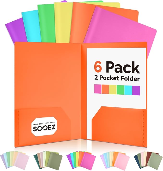 Sooez 6Pack Folders with Pockets, Pastels Colors, Heavy Duty Pocket Folder by Sooez