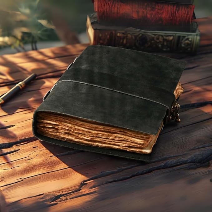 LEATHER VILLAGE Leather Bound Vintage Journal for Women & Men - Book of Shadows - Lock Closure - 200 Pages of Antique Deckle Edges Handmade Paper - Rustic Black Color - 10 X 7 inches
