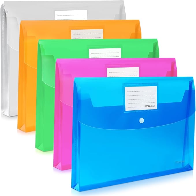5 Pack Plastic Envelopes with Snap Closure, Large-Capacity Colored Clear Folders by TFDLCGzm
