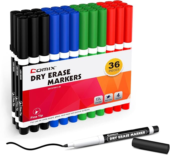 Comix Fine Tip Dry Erase Markers, Low Odor Whiteboard Markers, 36 Bulk 4 by Comix