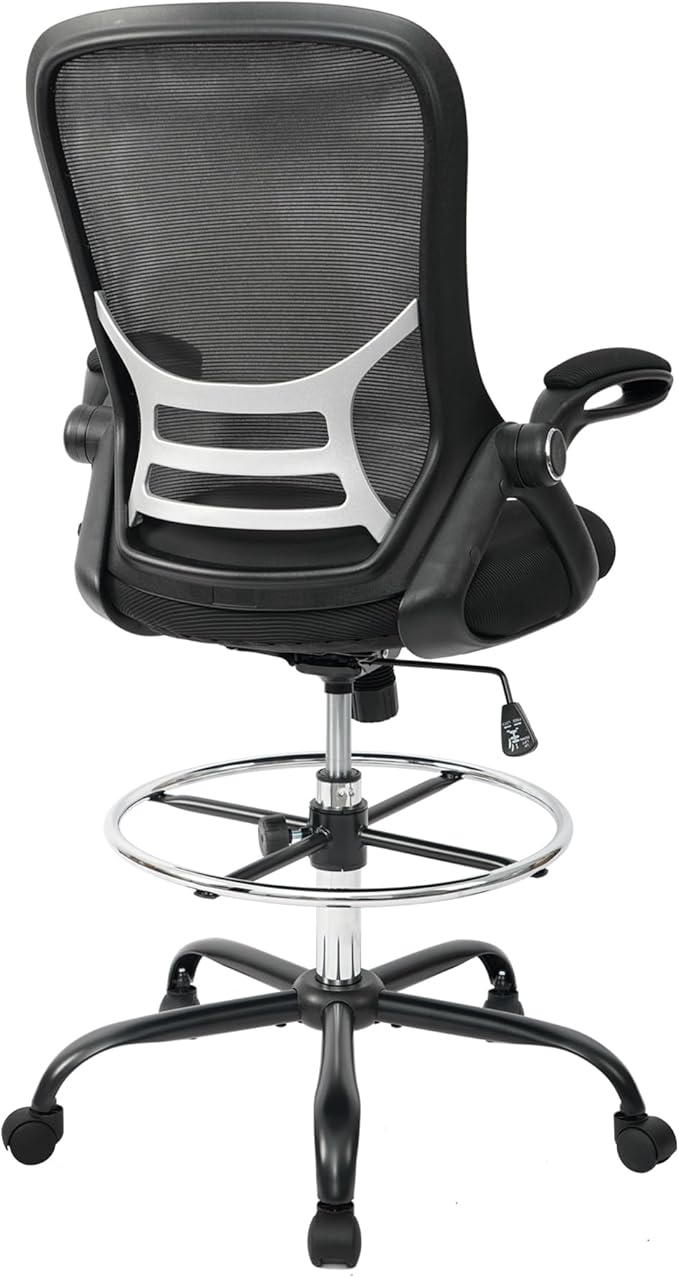 HYLONE Drafting Chair Tall Office Chair High-Back Mesh Standing Desk Stool with Adjustable Footrest Ring and Flip-Up Arms (Black)-DeskLoop Office