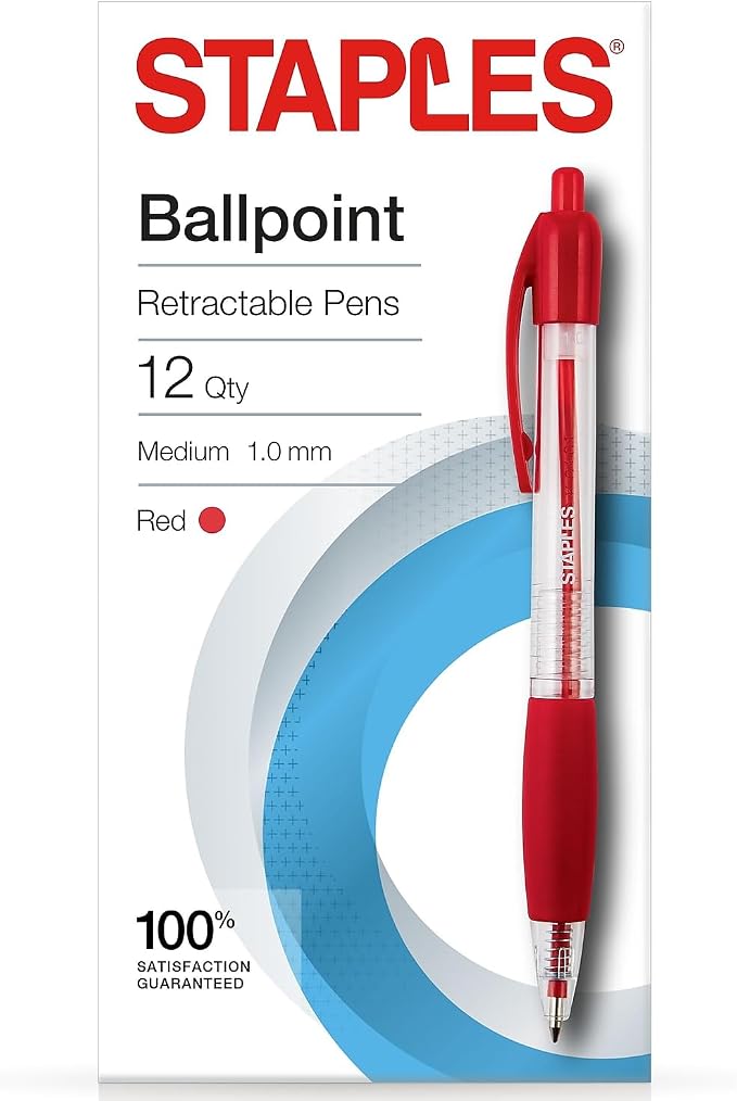 STAPLES Retractable Ballpoint Pens, Medium Point 1.0mm, 12 Pack – by Staples