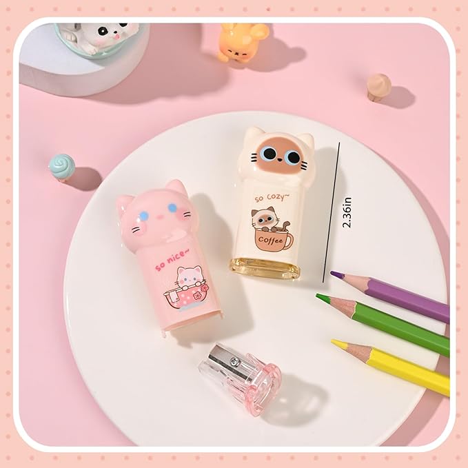 2Pcs Pink Cute Cat Pencil Sharpener and 2Pcs Pink Cute Cat Retractable Eraser - Image 3