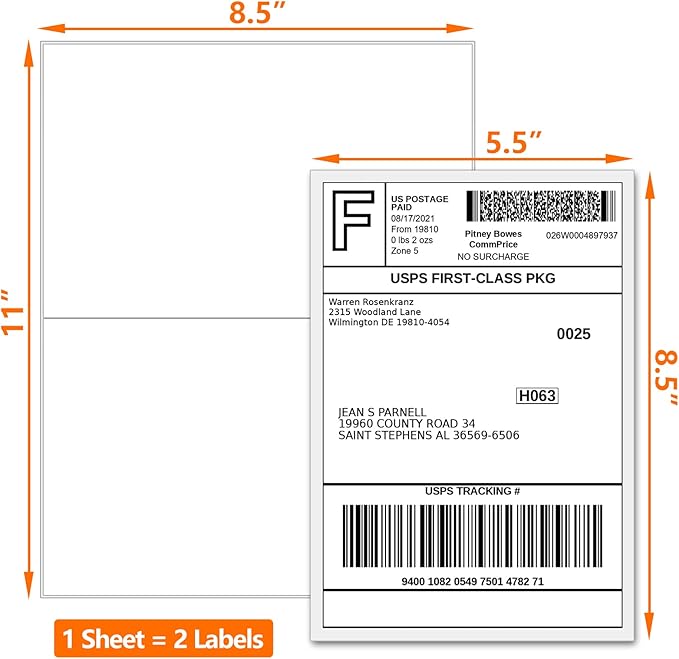 5000 Half Sheet Shipping Labels for Laser/Inkjet Printers - 5-1/2" X 8-1/2" Blank White Labels-DeskLoop Office