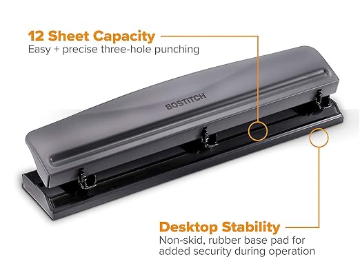 Bostitch Office Premium 3 Hole Punch, 12 Sheet Capacity, Rubber Base, - Image 2