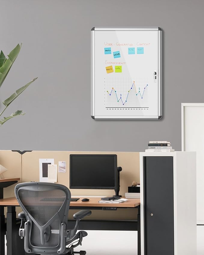 26"x20" Enclosed Bulletin Board, Lockable Weather-Resistant Aluminum Noticeboard for School & Office, Silver Frame w/Magentic Whiteboard-DeskLoop Office